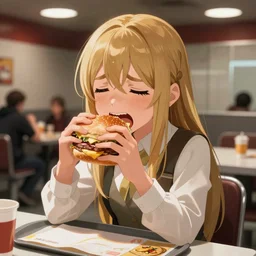 lucy from elfen lied crying while eating a double cheese burger in the mcdonalds restroom, anime key visual, digital art