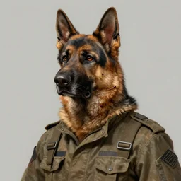 a wounded humanoid german shepherd beast - man in military style, his ear has been bitten off, he is healing his wounds, highly detailed portrait, digital painting, artstation, concept art, smooth, sharp foccus ilustration, artstation