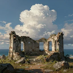 beautiful ruins by the sea, fantasy puffy sky, matte paining, concept art, cgsociety, octane render, artstationhq vivid