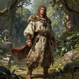 dynamic brush strokes, linear gamma, dynamic pose  natural light, dissolution filter ,turbulence filter, costume design made by nordic tribes, sophisticated composition, old masters light composition, procedurally generated, epic human character posing for concept art, beautiful ancient garden behind, substance designer, PBR, Ultra detailed, hyperrealistic, megascans, volumetric light, concept by master artist, made in paint tool SAI2, trending pixiv face
