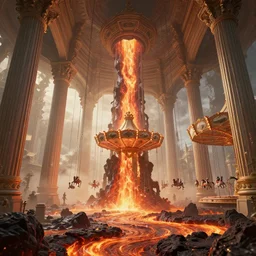beautiful victorian temple with large pillars, lava streams, magma cascades, swing carousel, hanging drapery, chains hanging from ceiling, light dust, by peter mohrbacher dan mumford craig mullins nekro, cgsociety, pixiv, volumetric light, 3 d render