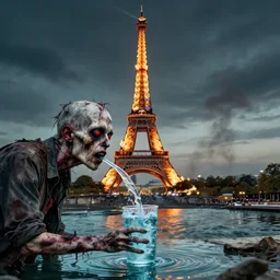 zombie drinking water with eifel tower on fire