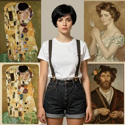 a woman with black hair pixie cut in shorts with suspenders and white t-shirt drawn by gustave caillebotte, norman rockwell, frank frazetta, peter paul rubens, alphonse mucha, gustav klimt 4k, unreal 5, DAZ, french noveau, trending on artstation, octane render, hyperrealistic