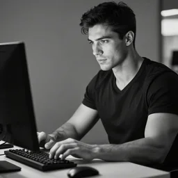 muscular handsome man, sharp jawline, using a computer, black and white photograph, 4 k