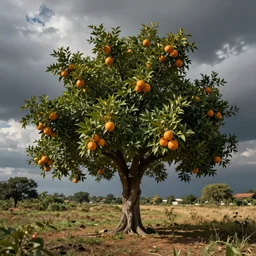 ayahuma tree with orange fruits looking like an ent, art by christophe vacher