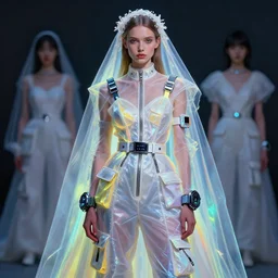 a portrait of a russian girl detailed features wearing a futuristic wedding dress brights, utility chic, sheer fabrics, zippers, belts & velcro galore, big techno watches, cargo pants, designed by balenciaga by cgi rtx hdr painting bioluminance alena aenami artworks in 4 kby jesper ejsing, feng zhu and loish beeple sun yunjoo