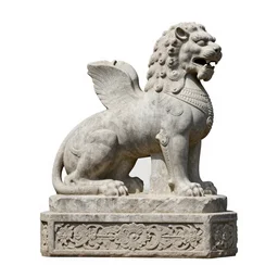 ortographic view of a stone sculpture of a lion horse bird chimera sitting on a pedestal with intricate carvings and fine detail