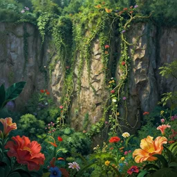 An overgrown tall cliff full of vines, big colorful flowers, lush, magical atmosphere, by Peter Mohrbacher, digital art, trending on Artstation