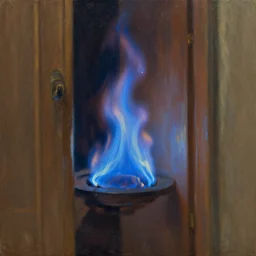 a blue flame coming out of a door, oil painting, hd