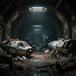 a dark tunnel with dim lighting set in a futuristic spaceship scrapyard with piles of broken spaceships, robots and machines