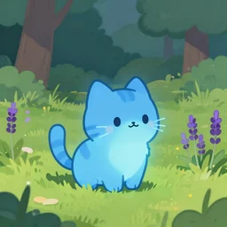 illustration of a glowing blue cute cat in grassy field with trees in the background, lavender growing nearby, concept art, artstation