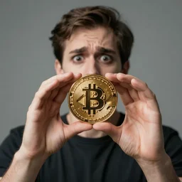 person holding bitcoin very scared