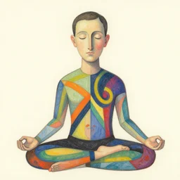 by edward gorey, by andy kehoe graphic design extemporaneous. a drawing of a man with a large head, sitting in a meditative pose. his eyes are closed & he has a serene look on his face. his body is made up of colorful geometric shapes & patterns that twist & turn in different directions.