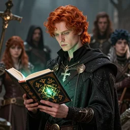 young male redhead Spellcaster standing, holding a book with glowing runes on the cover, D&D dark fantasy style, sharp focus, ultra detailed, art by Artgerm and Peter Andrew Jones, Karol Bak, Ayami Kojima, Amano and Olivier Ledroit