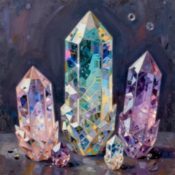 crystals, still life, anime cyberpunk, intricate oil painting by greg rutkowski, trending on artstation