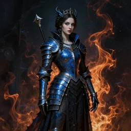 Gothic princess in dark and blue dragon armor. By (Rembrandt painting(100)(fractal flame)), highly detailded