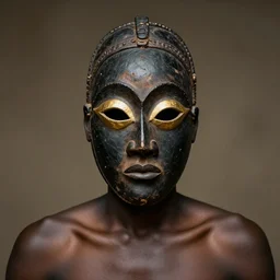african man with an ancient mask and golden eyes clouded in darkness