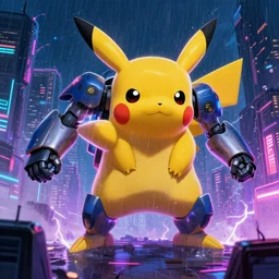 giant mecha- Pikachu destroying a cyberpunk city at night, neon, by Josan Gonzalez and Craig Mullins, raining, thunder, electricity Trending on artstation detailed illustration hd 4k