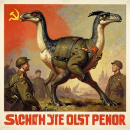 a detailed and complex soviet propaganda poster depicting a dromaius in military uniform. painting by dmitri moor