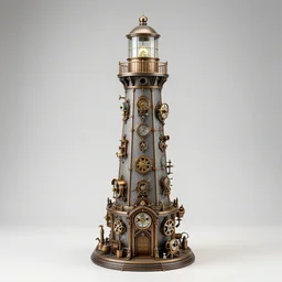 photo still of steampunk elaborate, complex miniature lighthouse sculpture by artist takanori aiba, 8 k, highly detailed, clockwork, intricate, studio lighting bright ambient lighting key light, 8 5 mm f 1. 8