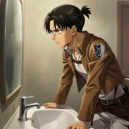 portrait of a man by Greg Rutkowski, Eren Yeager from Attack on Titan leaning over a sink and staring into a mirror, man bun, highly detailed portrait, digital painting, artstation, concept art, smooth, sharp focus illustration, Artstation HQ