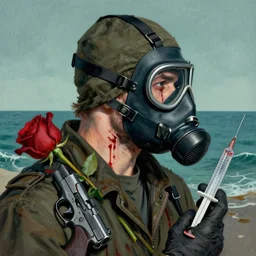 portrait of a spy wearing oxygen mask, has blood, rose, a pistol and a syringe needle with sea background intricate details with horror side profile by Sandra Chevrier