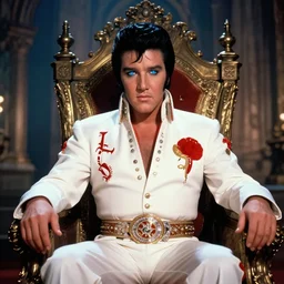 elvis presley as the king of the world, sitting on his throne in his castle, atmospheric lighting, blue reflective eyes, nice composition, artwork by charlie bowater