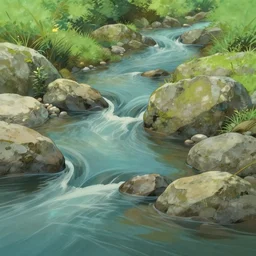 creek with rocks and pebbles, anime background, studio ghibli background art