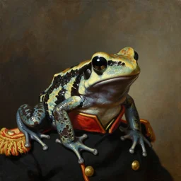 a head - and - shoulders portrait of an amazon milk frog wearing a black colonial military uniform, an american romanticism painting, oil on canvas, cgsociety, soft focus