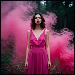 A photography of a woman wearing a magenta dress and surrounded by lots of thick magenta smoke. In the background there is a dark forest. High contrast. Detailed. Neo noir style. Cinematic. AGFA Vista Plus 400 film. High quality.
