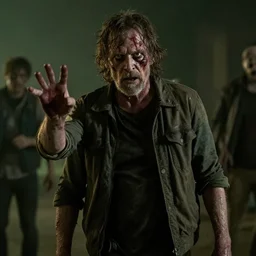 old man mads mikkelson plays a zombie on the walking dead, cinematic lighting