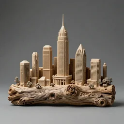 a piece of driftwood carved into shape of solarpunk cityscape