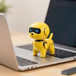a small yellow robot dog standing on a laptop on a desk