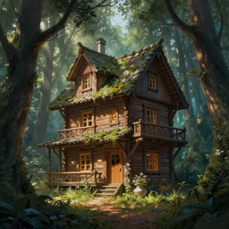 a wooden house in an enchanted wood, by greg rutkowski and marc simonetti, digital art, realistic painting, very detailed, cinematic lighting, volumetric lighting 4 k, octane render, trending on artstation