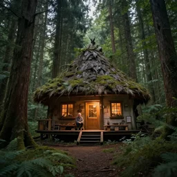 my grandpa build a cozy home in middle of the deep forest, forest demigod headquarter, artistic photo composition