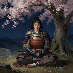 beautiful japanese painting of an armoured samurai meditating under a blossom tree, realistic, digital painting, concept art, matte painting, cinematic night lighting, 8 k, highly detailed, detailed terrain