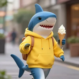 furry art of female shark walking down the street holding an icecream cone, digital art, artstation, 4K, detailed, wearing yellow hoodie, detailed face, anthromorphic,