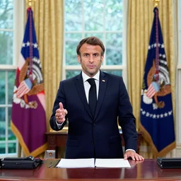 Emmanuel Macron as president in the oval office, photography by a technicolor device