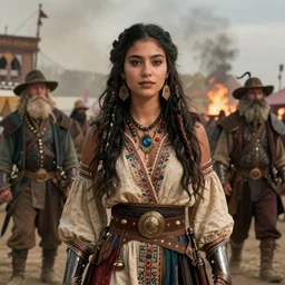 detailed ultrarealistic photography front medium shot of dnd urban fantasy lord of the rings burningman festival ethnic rustic girl warrior leyendecker, norman rockwell, greg rutkowski, jim henson artstation cinematic, vray game of thrones,