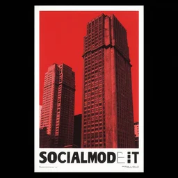 socialmodersist building, red background, brutalist architecture, poster, screen print