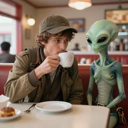 time traveler from the past in a diner drinking a cup of coffee with an alien , 4k digital art