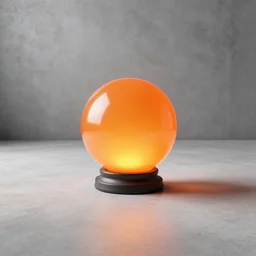 3D model of A orange glass flame orb sitting in the middle of an empty concrete room, brightly lit, 4k, ultra HD, Octane 3d render