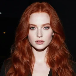 perfect glamour model, long red wavy hair, perfect lips, pale skin, symmetrical face, dramatic, night, strong, photographic
