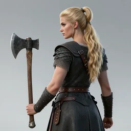 an ultradetailed picture of blonde viking woman facing away from the camera and holding a battleaxe, 1 9 8 0 s rom com style, fantasy, intricate, illustration, digital painting, burning village in the background, 8 k, fine detail, art by frank frazetta, jack kirby, albert aublet, frank herbert, artem demura, and alphonse mucha