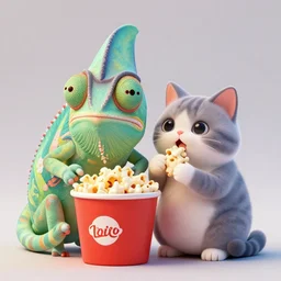 high quality 3 d render hyperrealist very cute gothic happy chameleon & cat hybrid eating popcorn, vray smooth, detective pikachu, very dramatic light, low angle, uhd 8 k, shallow depth or field