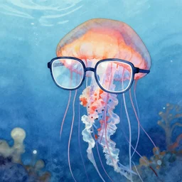 jellyfish wearing glasses, glasses frames, underwater, digital watercolor, artstation