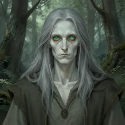 portrait of old forest druid, pale skin, green eyes, long grey hair, simple clothes, high fantasy, dnd, d & d, illustration, by artgerm, greg rutkowski, alphonse mucha - h 7 6 8