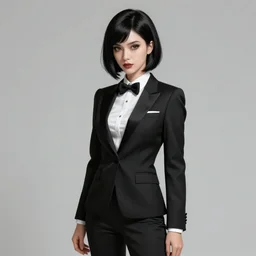slim cruel business girl in tuxedo with black bob hair, elegant, 2d, ultra highly detailed, digital painting, smooth, sharp focus, artstation, art by Ilya Kuvshinov