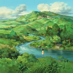 highly detailed landscape background from the movie the river of lost things by studio ghibli, HD, gorgeous, light fantasy, W 640 H 640