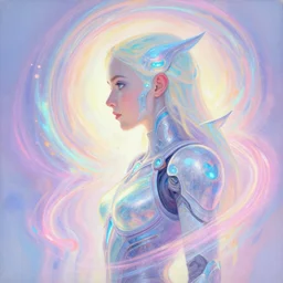 side profile painted portrait by thomas blackshear, imogen poots as cyber paladin, gloomhaven, luminescent, colorful swirly magic ripples, pastel colors, by craig mullins, greg manchess, raymond swanland, anders zorn, by bayard wu, huang guangjian, greg rutkowski, jesper ejsing